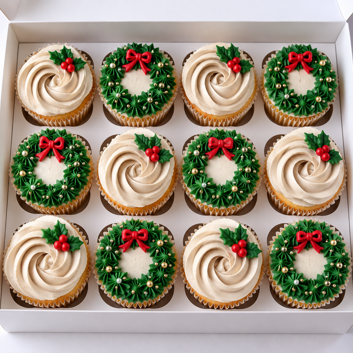 Christmas Cupcakes with Hand-Piped Wreaths and Holly