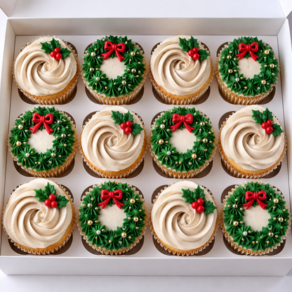 Christmas Cupcakes with Hand-Piped Wreaths and Holly