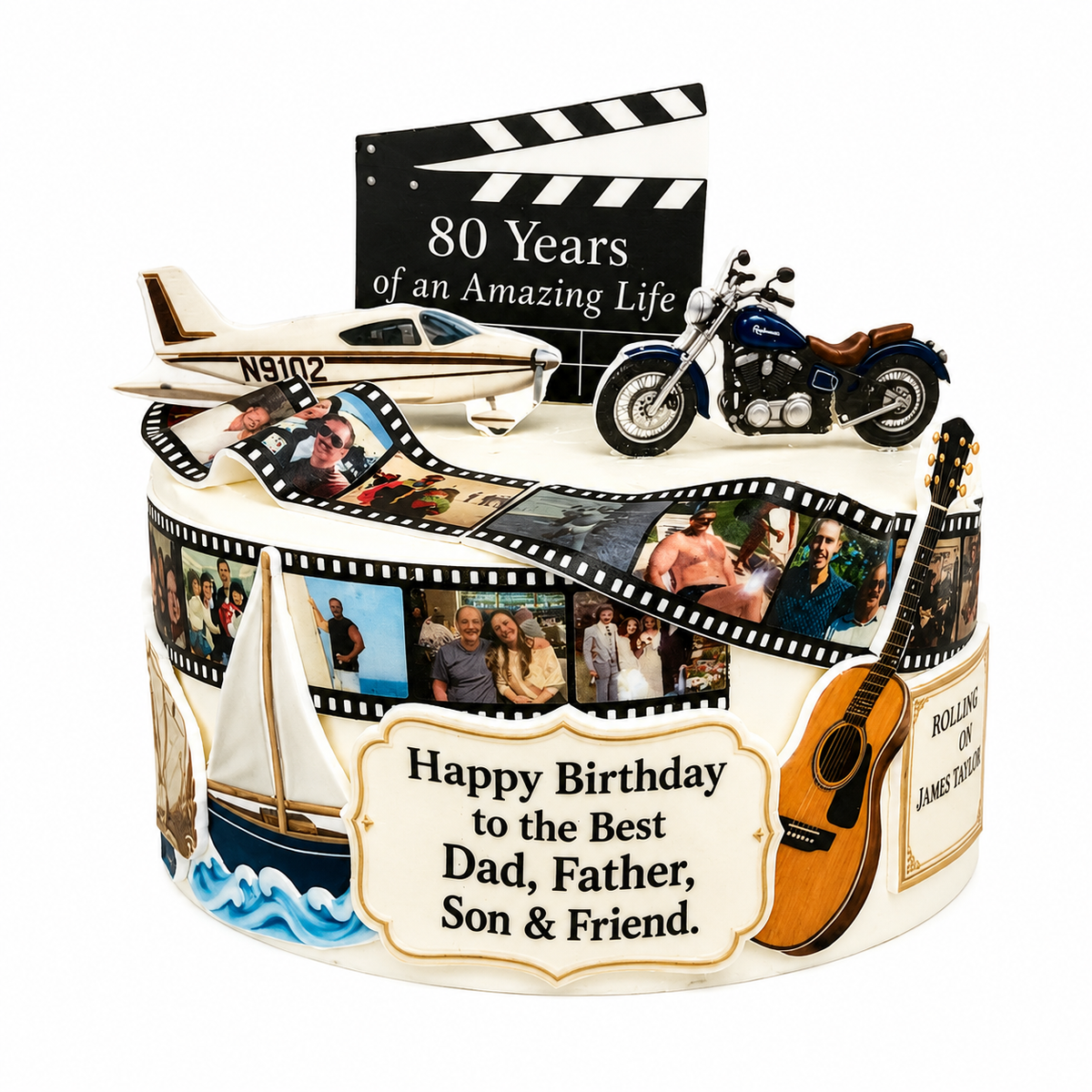 Custom 80th birthday photo cake with edible pictures, movie film strip and personalized decorations