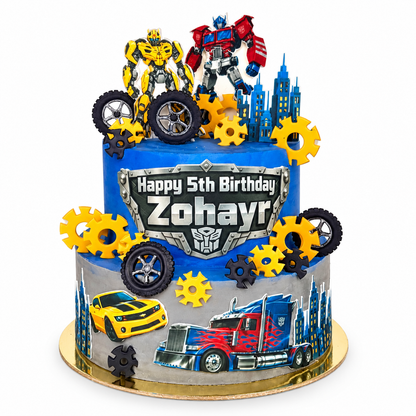 Transformers-Themed Two-Tier Birthday Cake with Custom Name Plaque
