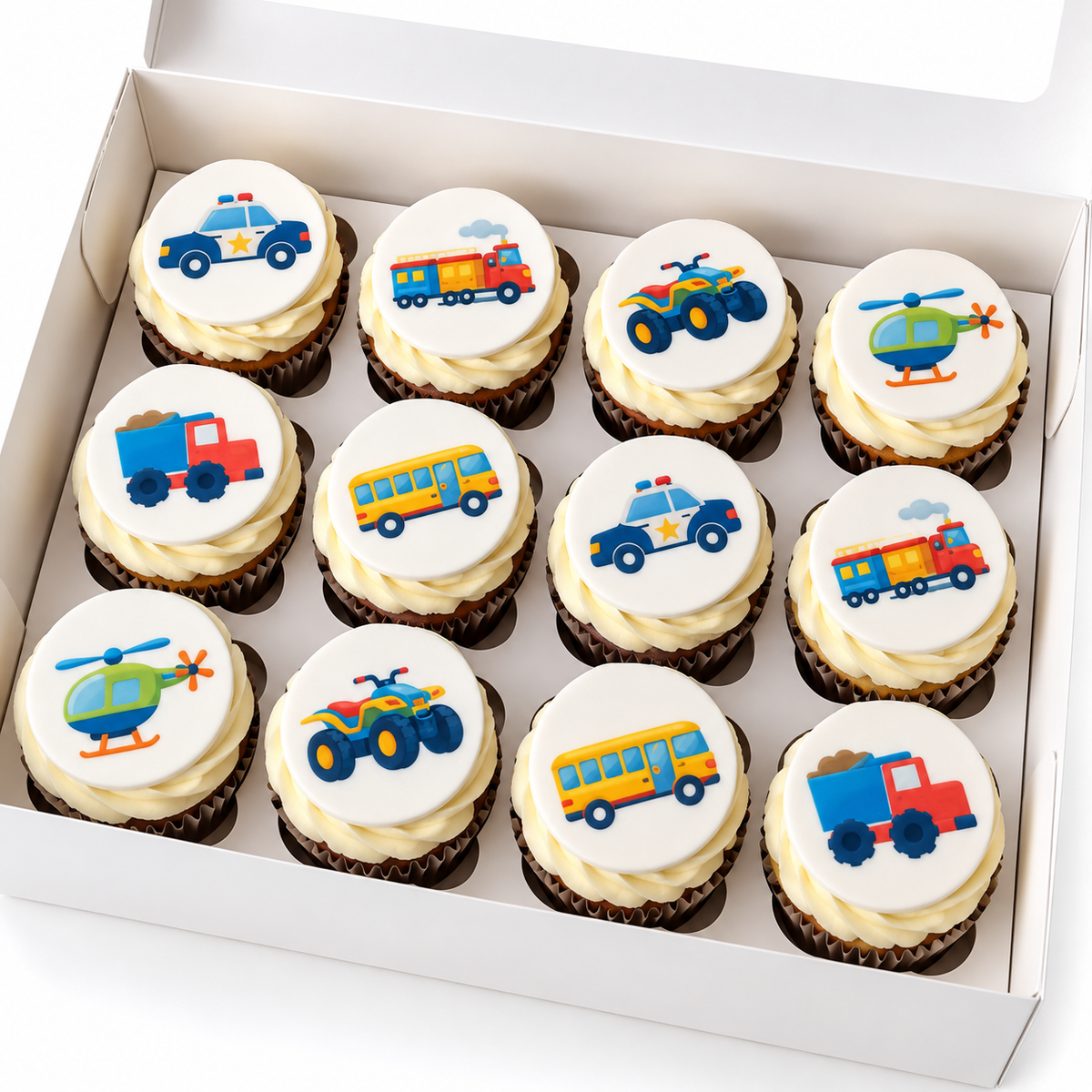 Transportation Birthday Cupcakes with Edible Vehicle Toppers