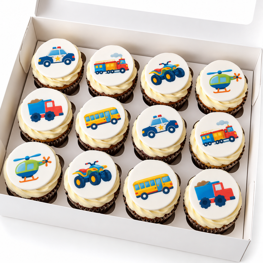 Transportation Birthday Cupcakes with Edible Vehicle Toppers